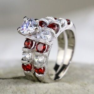 Stainless steel Elegant Silver and Red Gemstone Ring Set
Size 9